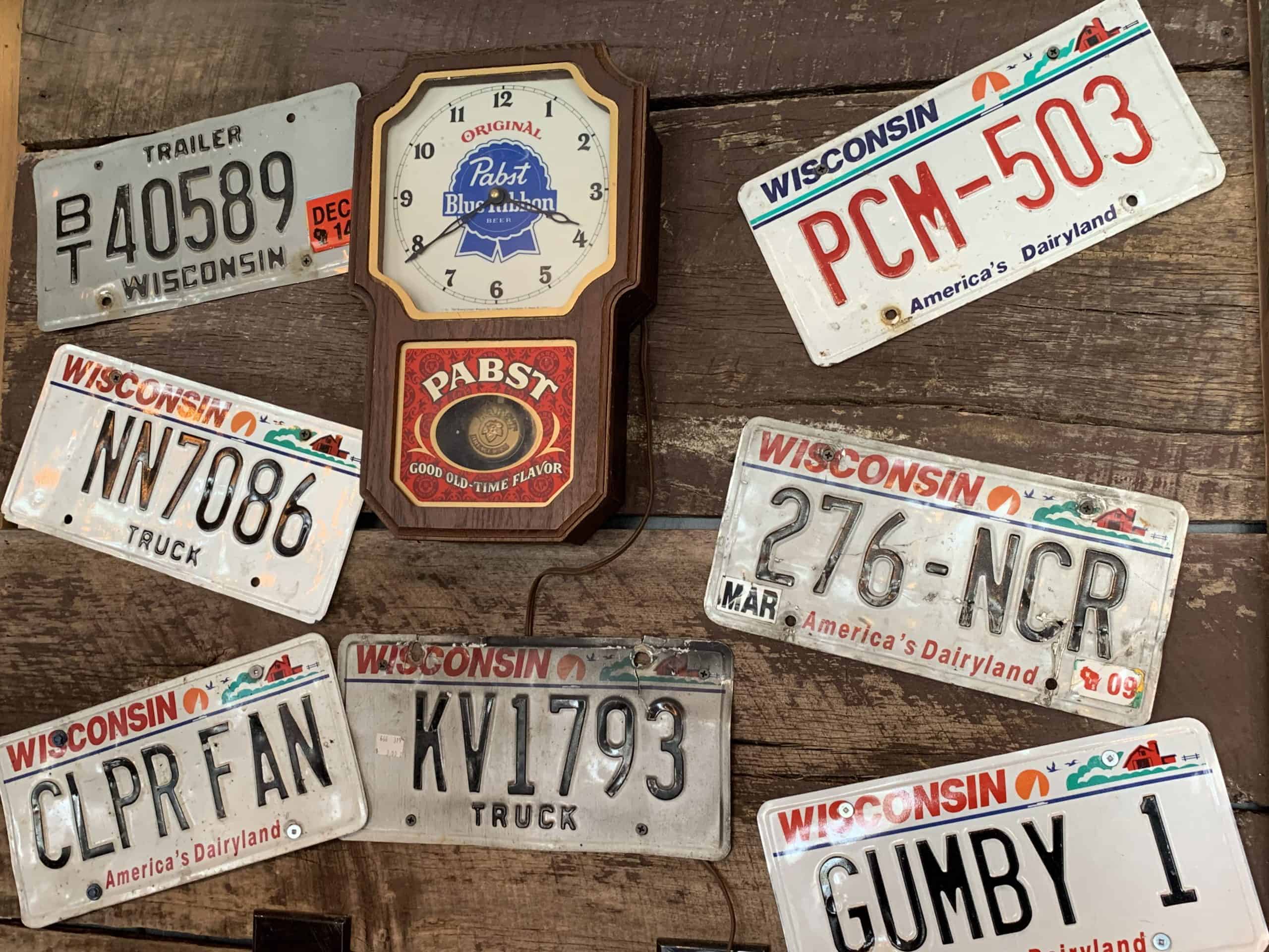 Vintage license plates at Bridge Up Brewing craft beer brewery and taprooms in Door County Wisconsin