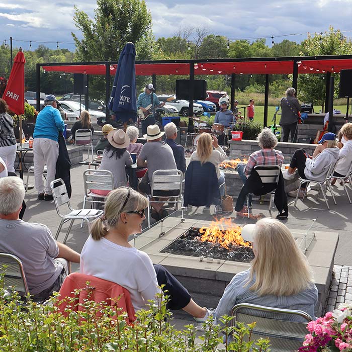 Live music on the beer garden outdoor patio at Bridge Up Brewing craft beer brewery and taprooms in Door County Wisconsin